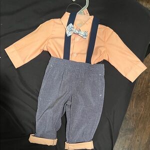 Brand New Baby Boy Easter Suit Set Peach Shirt and Blue pants with bow tie